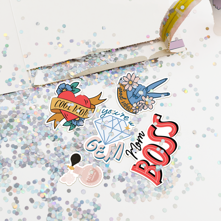 Musical Mother's Day prank card with large glitter and stickers spilling from opened card showing pull strip