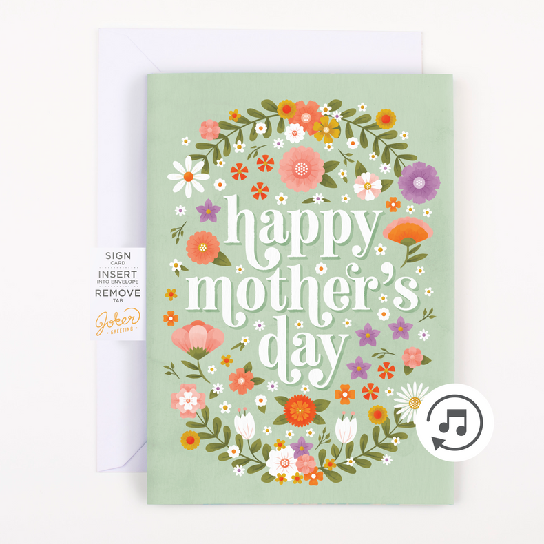 Joker Greeting Mother's Day card with envelope showing happy mothers day text in floral wreath design and musical note icon