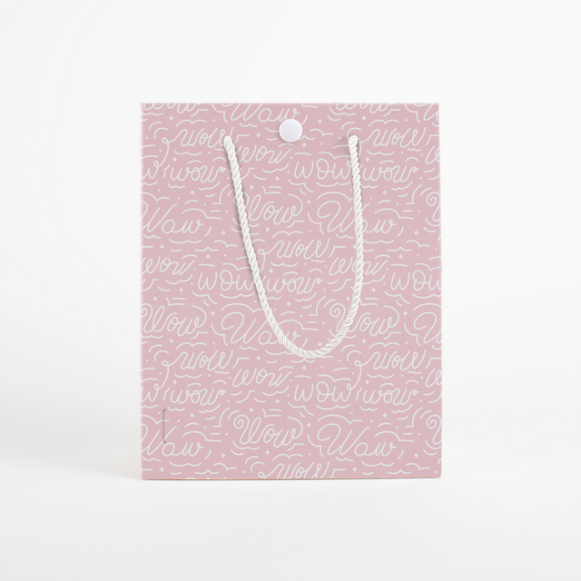 Front view of Joker Greeting Mother's Day musical gift bag with Wow text pattern and button closure system; but Wow is just "mom" upside down.