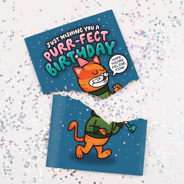 Cool Cat Purr-fect Birthday musical card torn in half with chunky multicolored glitter scattered around showing hidden glitter surprise feature