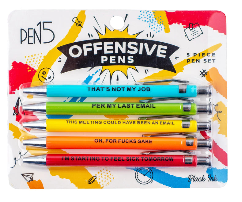 A set of colorful pens with humorous phrases printed on each, displayed in a colorful package with the text 'OFFENSIVE Pens'.