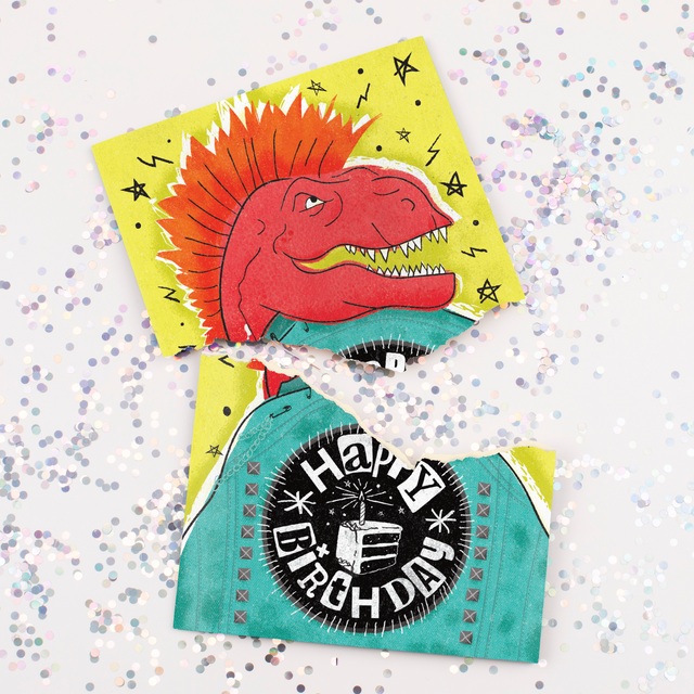 Endless punk rock birthday card with glitter confetti - dinosaur design Happy Birthday musical prank card torn showing glitter bomb feature