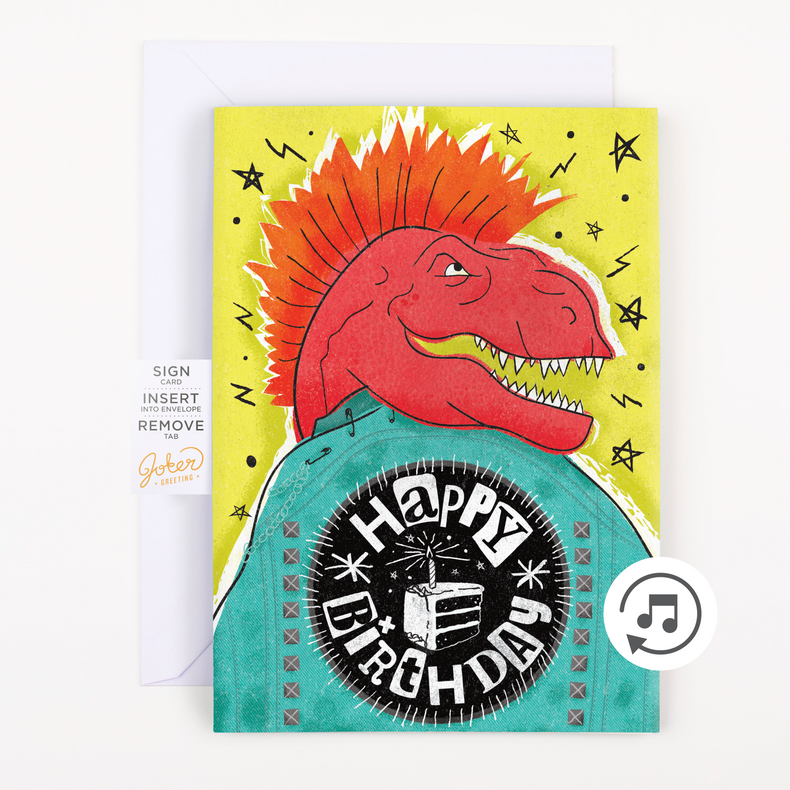 Musical punk rock birthday card with dinosaur design - Happy Birthday endless sound card Joker Greeting with music note icon and stars
