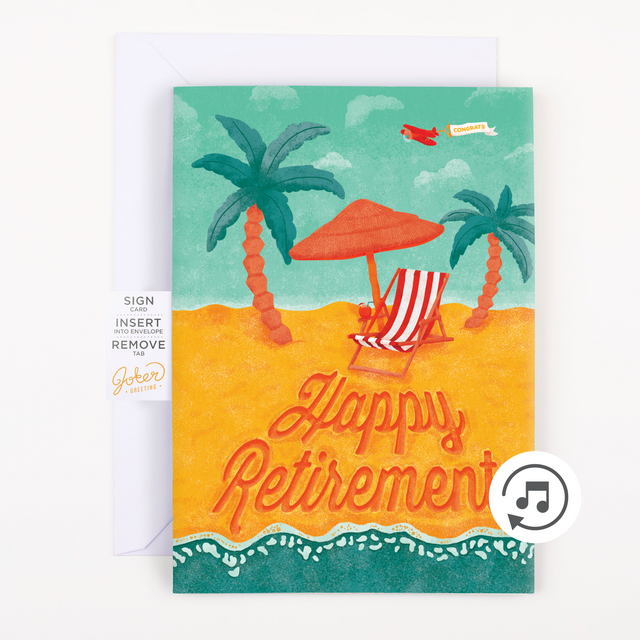 A greeting card with a beach and palm tree theme, featuring a lounge chair, sunglasses, and a 'Happy Retirement' message in glitter.