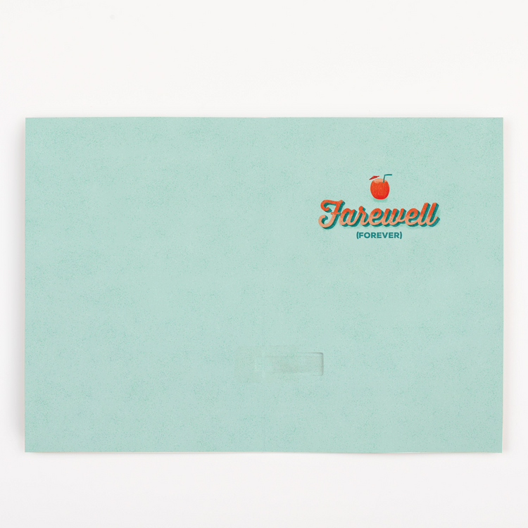 A mint green square paper card or envelope with a small printed logo reading 'Farewell (FOREVER)' and an apple icon in the upper right, photographed on a white background.