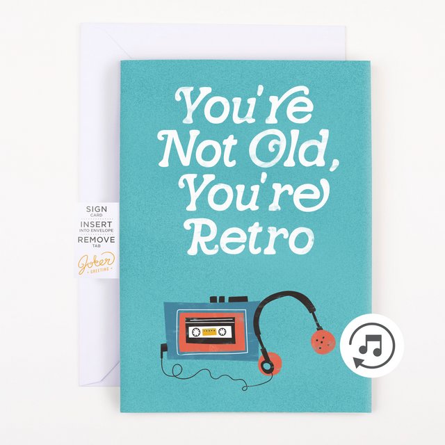 Complete Joker Greeting birthday card package with envelope showing retro cassette tape design and musical activation instructions