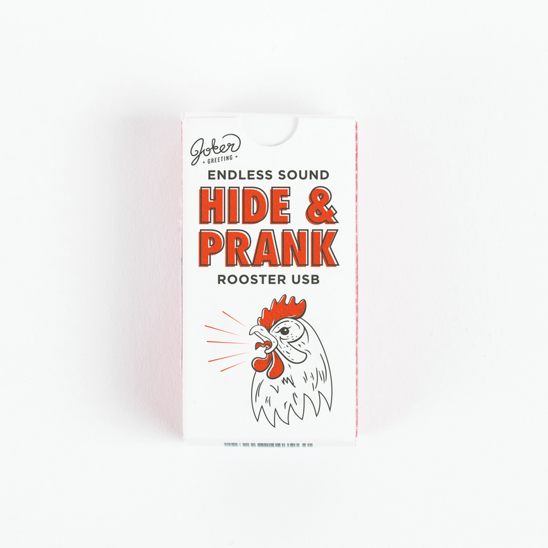 Joker Greeting Hide and Prank Rooster USB package with cartoon rooster illustration crowing and endless sound prank device branding