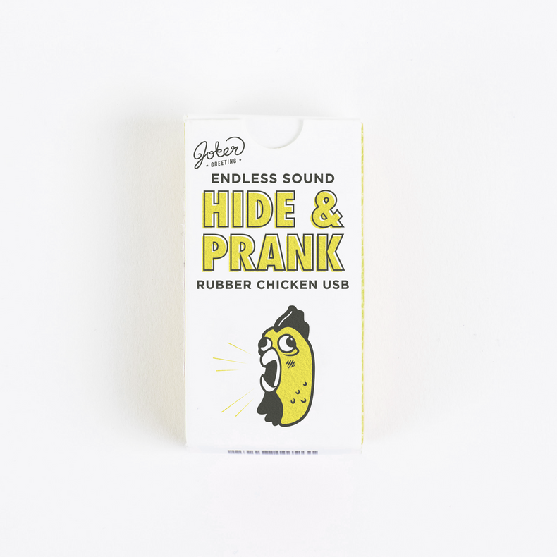 Joker Greeting Hide and Prank Rubber Chicken USB package with cartoon squeaky chicken illustration and endless sound prank device branding