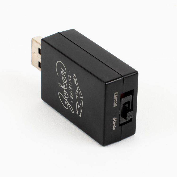 USB rubber chicken device showing Joker Greeting branding with chicken illustration and random 60min timing switch settings on bottom