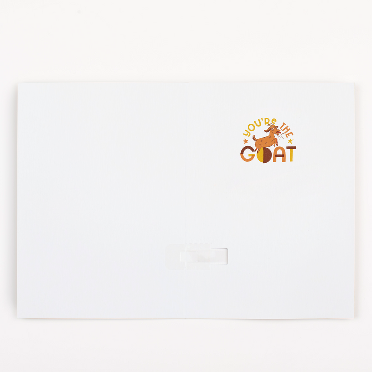 Inside view of endless GOAT musical greeting card showing You're The GOAT message with goat mascot logo design
