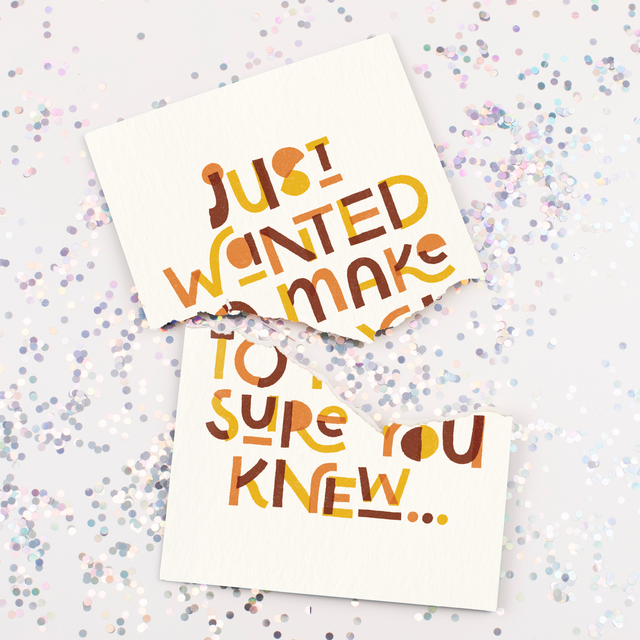 Broken endless GOAT musical glitter cards surrounded by large colorful glitter pieces showing Just Wanted To Make Sure You Knew text on prank greeting cards