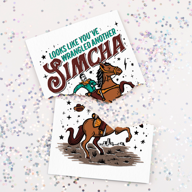 Musical Mazel Tov greeting card with cowboy western design and large glitter scattered around showing Joker Greeting celebration theme