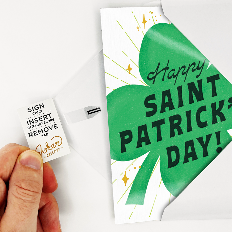 St Patrick's Day card in the envelope showing how to remove the tab