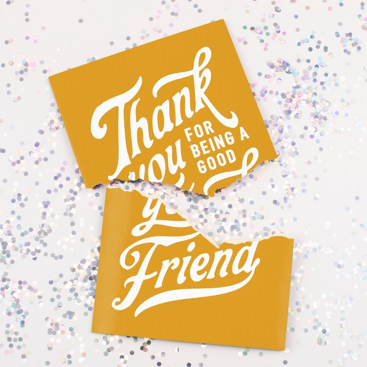 Golden Girls themed thank you card with ornate lettering on a golden background surrounded by colorful confetti