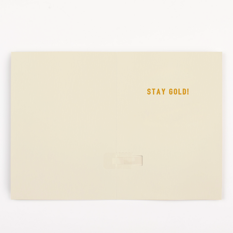 Back of Golden Girls musical card showing Stay Gold message on cream colored background