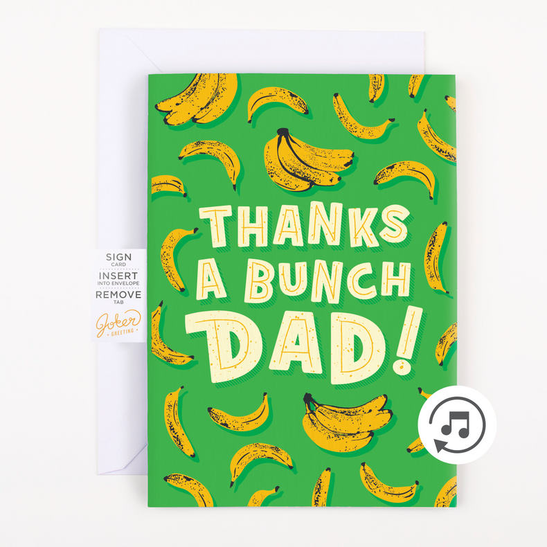 Musical thank you dad prank card with music note icon - Thanks a Bunch Dad banana illustration Joker Greeting endless sound card