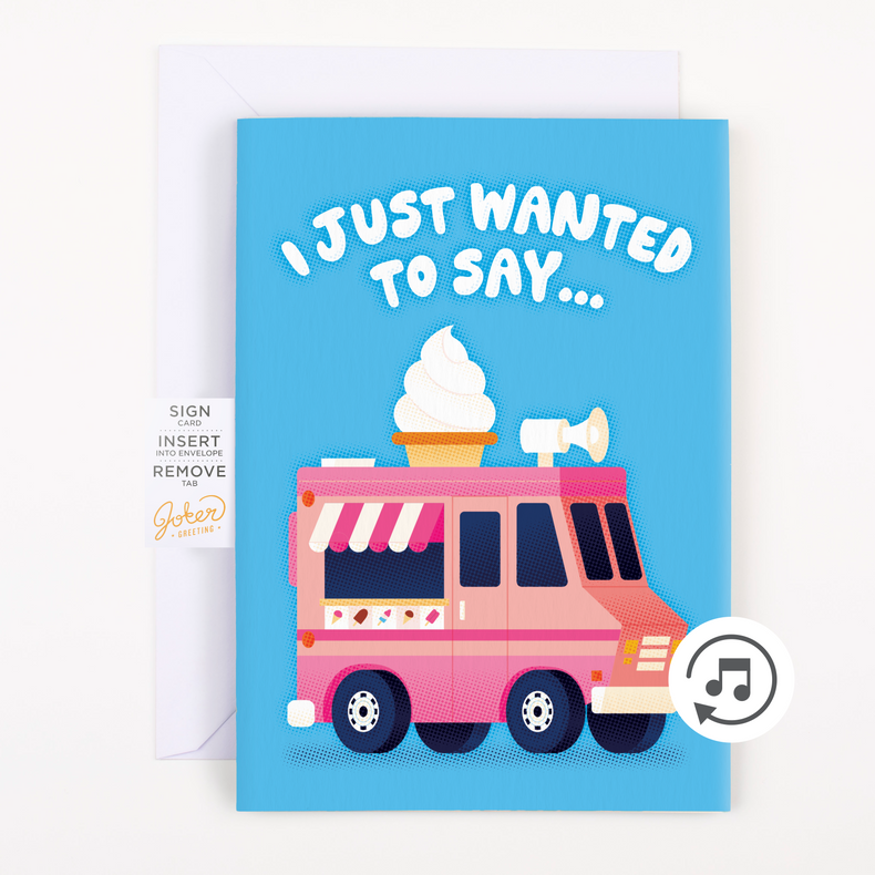 Joker Greeting ice cream thank you card with blue background featuring pink ice cream truck and I Just Wanted To Say text