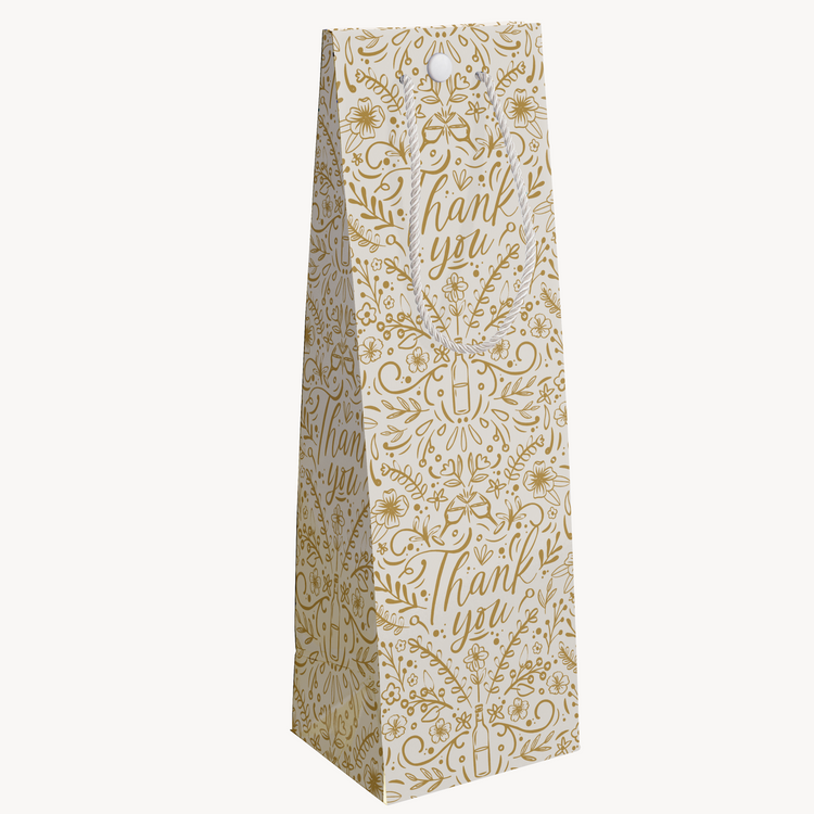 Side view of endless thank you musical wine gift bag displaying tall wine bottle proportions and premium gold floral design