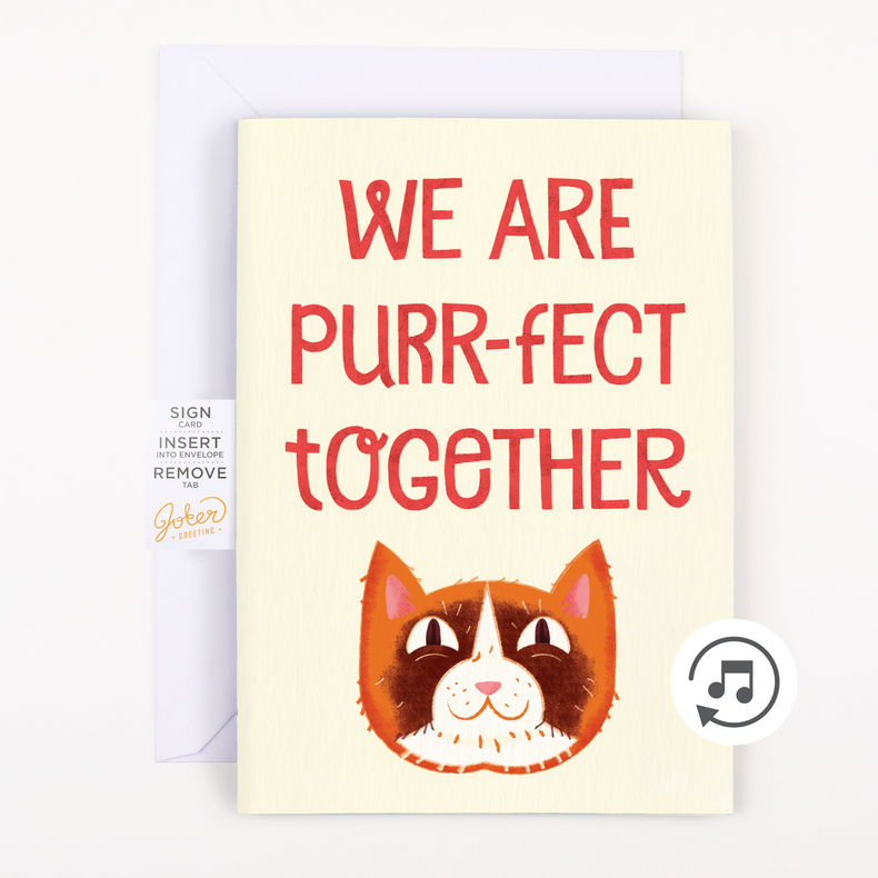 A Valentine's Day card with a cat illustration and the text 'WE ARE PURR-FECT TOGETHER' on it, indicating a playful theme with glitter embellishments.