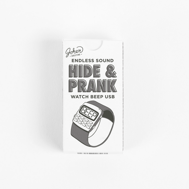 Joker Greeting Hide and Prank Watch Beep USB package with digital watch illustration and endless sound prank device branding