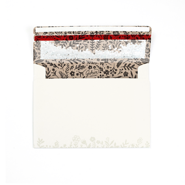 (Envelope with floral interior visible): Joker Greeting floral glitter envelope showing beautiful flower patterns inside and outside with prank mechanism visible