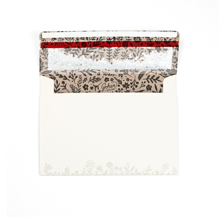(Envelope with floral interior visible): Joker Greeting floral glitter envelope showing beautiful flower patterns inside and outside with prank mechanism visible