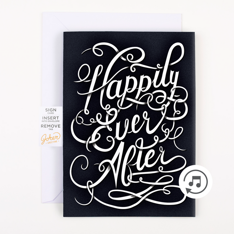 Joker Greeting endless musical wedding card with elegant Happily Ever After calligraphy design and tab removal instructions