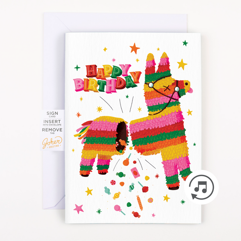 Complete Product with Instructions:
Piñata Happy Birthday endless musical prank card by Joker Greeting with white envelope showing colorful piñata illustration and musical note icon with instruction tab