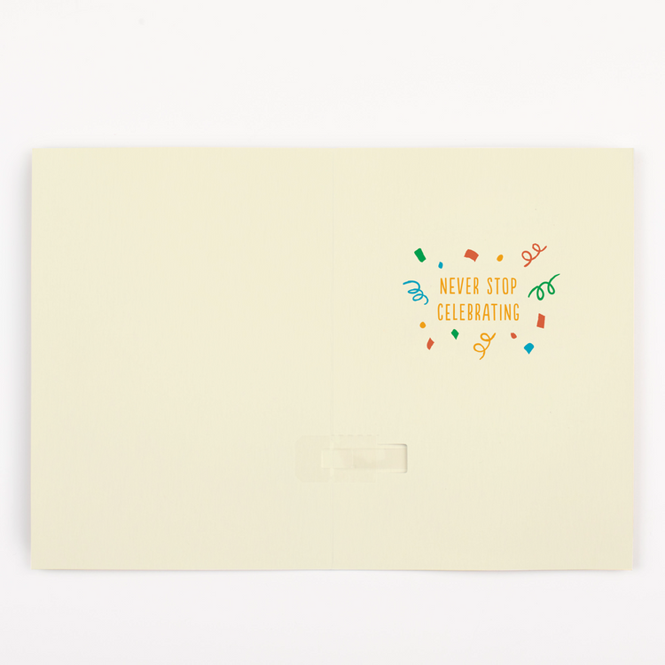 Joker Greeting endless birthday musical card cover with Never Stop Celebrating text and colorful confetti design