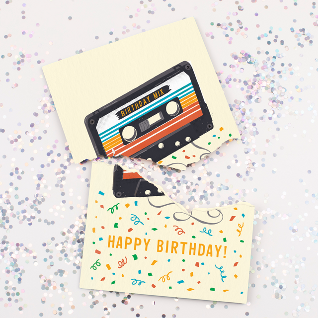 Birthday Mix cassette tape musical greeting card with glitter confetti showing Happy Birthday message and retro design