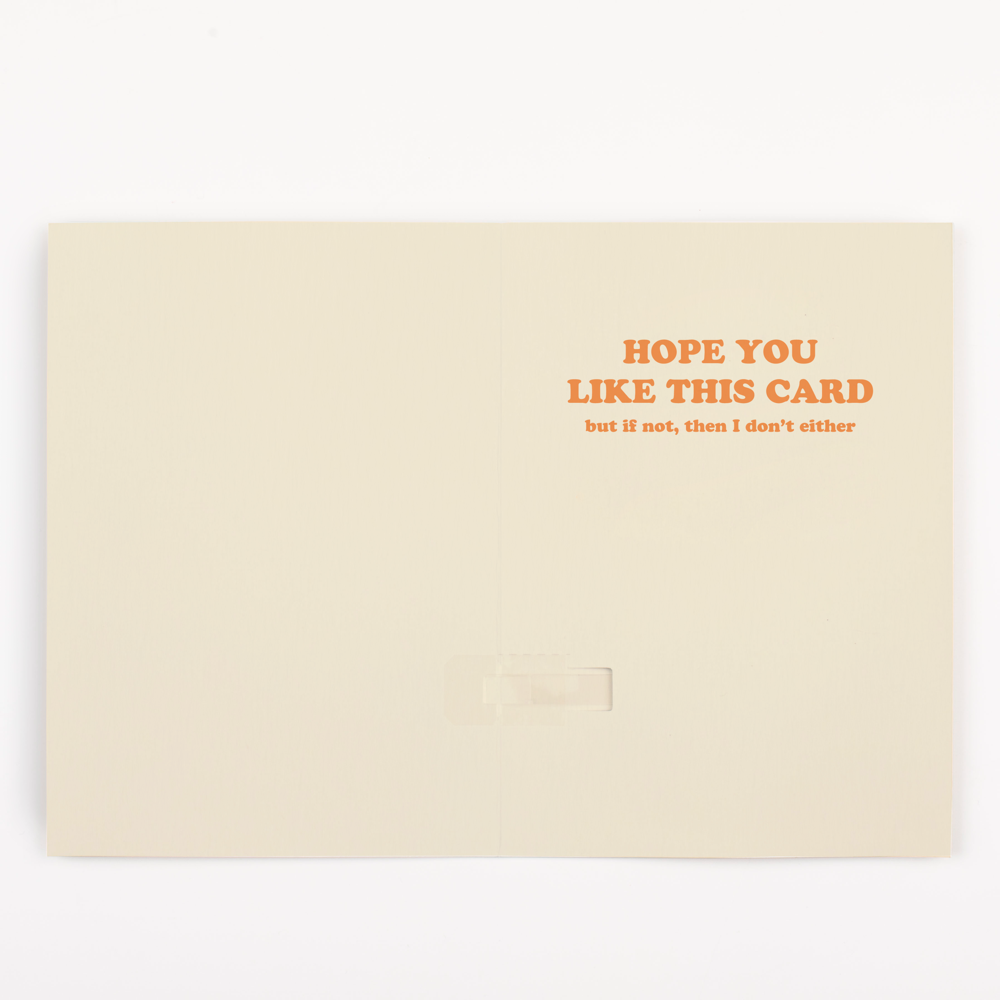 Inside of Joker Greeting endless musical boss card with humorous message about hoping recipient likes the card