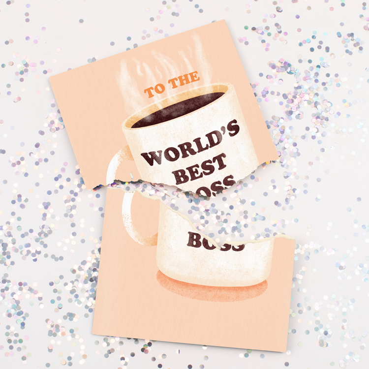 Endless musical best boss card with coffee mug design and large glitter scattered around card from Joker Greeting