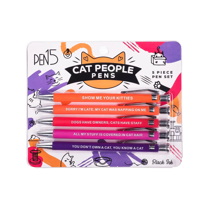 A set of pens with unique phrases on each, presented in a colorful package with cat-themed illustrations.