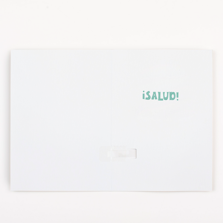 Inside Card Message:
Inside view of Feliz Cumpleanos mariachi musical card showing Salud message with blank space for personalized Spanish birthday wishes