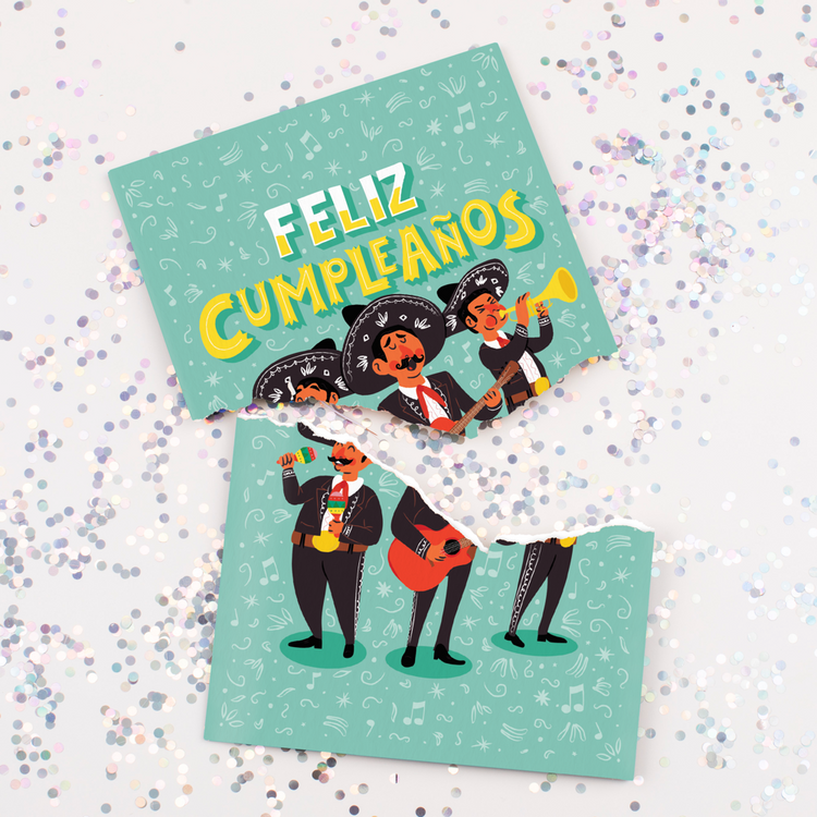 Torn Card with Glitter:
Feliz Cumpleanos Happy Birthday mariachi musical card torn in half with multicolored glitter scattered around showing mariachi band design and hidden glitter surprise feature