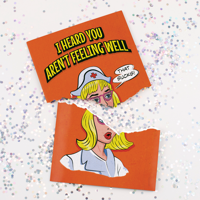 The get well card closed ripped in half showing glitter