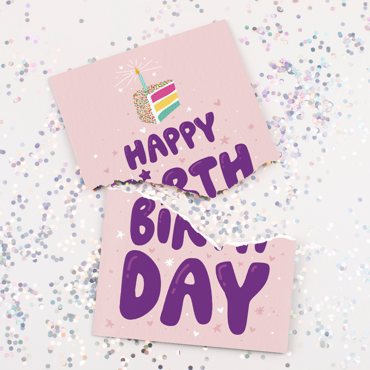 Torn Card with Glitter:
Happy Birthday punk rock musical card torn in half with chunky multicolored glitter scattered around showing colorful cake design and hidden glitter surprise feature