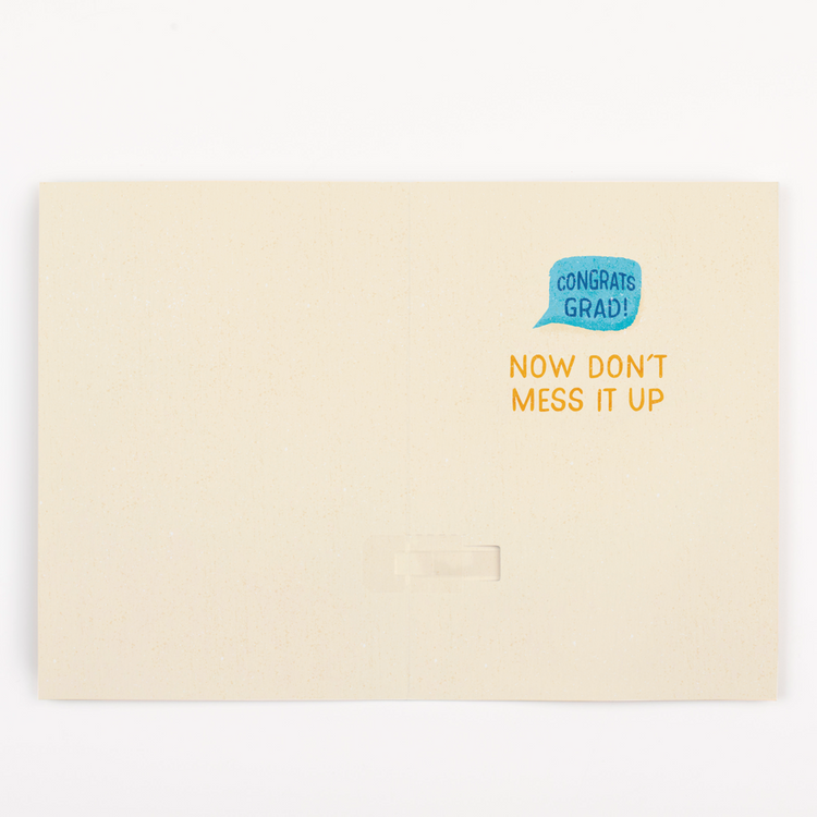 Graduation card back showing congrats grad now don't mess it up message with humorous tone.