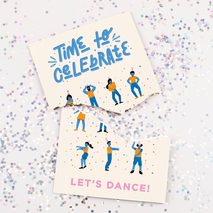 Brooken endless Macarena musical glitter cards surrounded by large colorful glitter pieces showing Time to Celebrate and Let's Dance messages with dancing figures
