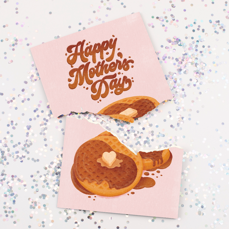 Happy Mothers Day musical greeting card with pancake design and large glitter background showing pink card with syrup illustration
