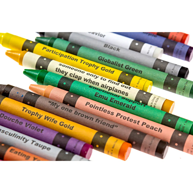 Close up view offensive-ish crayon labels showing irreverent color names adult humor art supplies