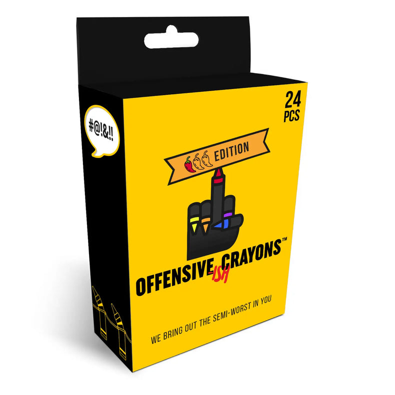 Packaging for 'Offensive-ish, Crayons' which features a black and yellow design with a middle finger graphic and text indicating 24 pieces.