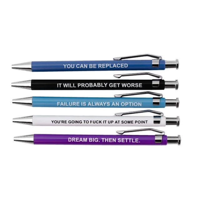 Individual Pen Close-up: Sarcastic office pen showing demotivational saying about failure and workplace reality humor