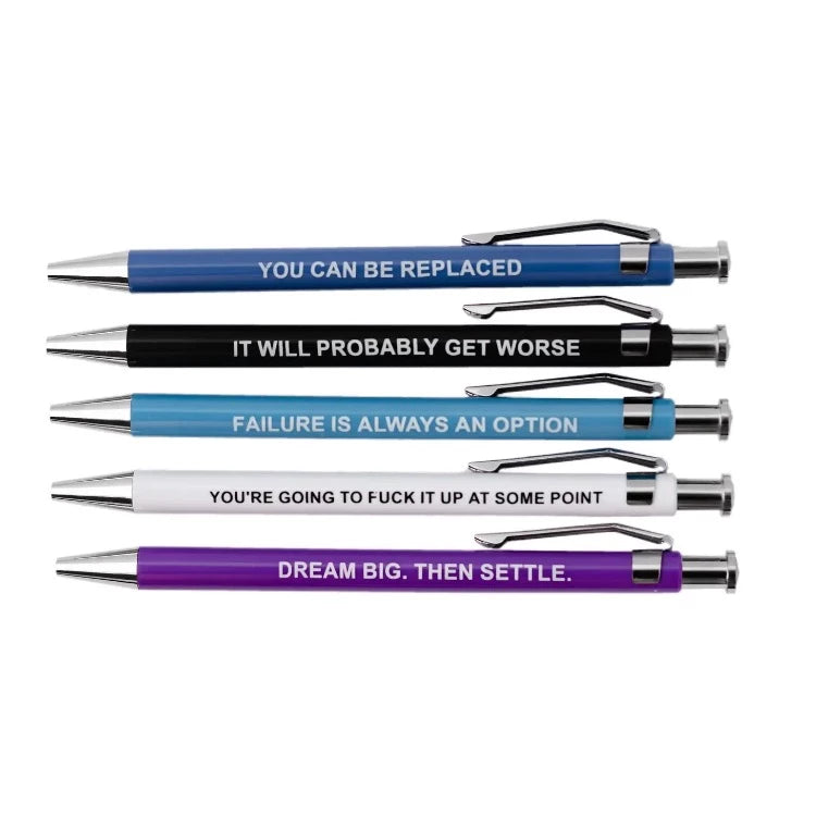 Individual Pen Close-up: Sarcastic office pen showing demotivational saying about failure and workplace reality humor
