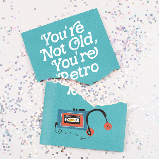 Joker Greeting You're Not Old You're Retro birthday card with glitter confetti showing cassette tape design a