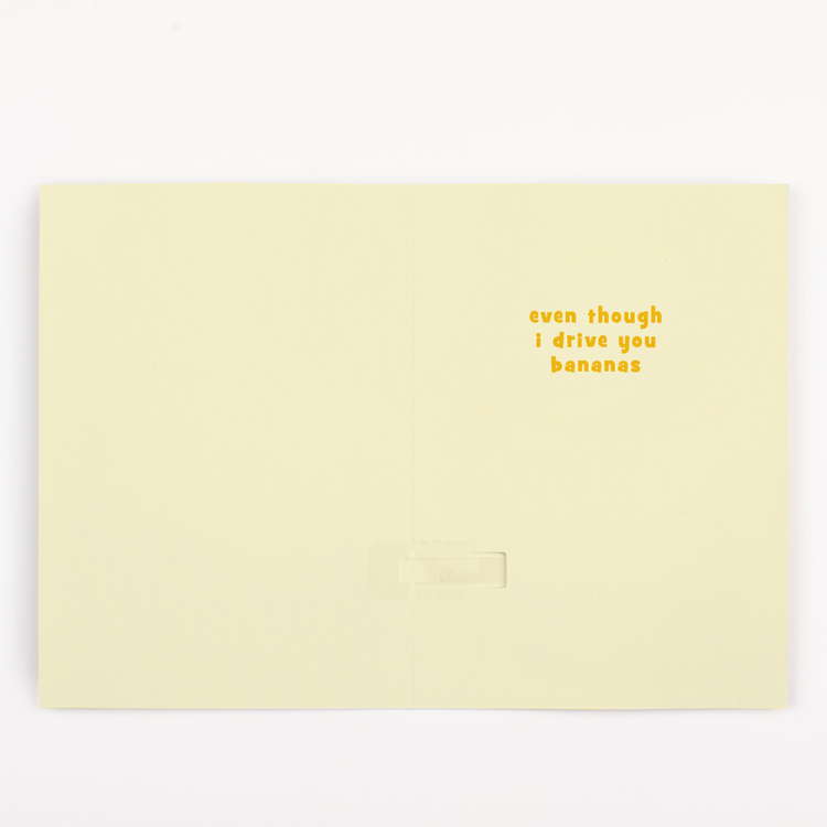 Inside message of endless musical thank you dad card - even though I drive you bananas text on yellow background