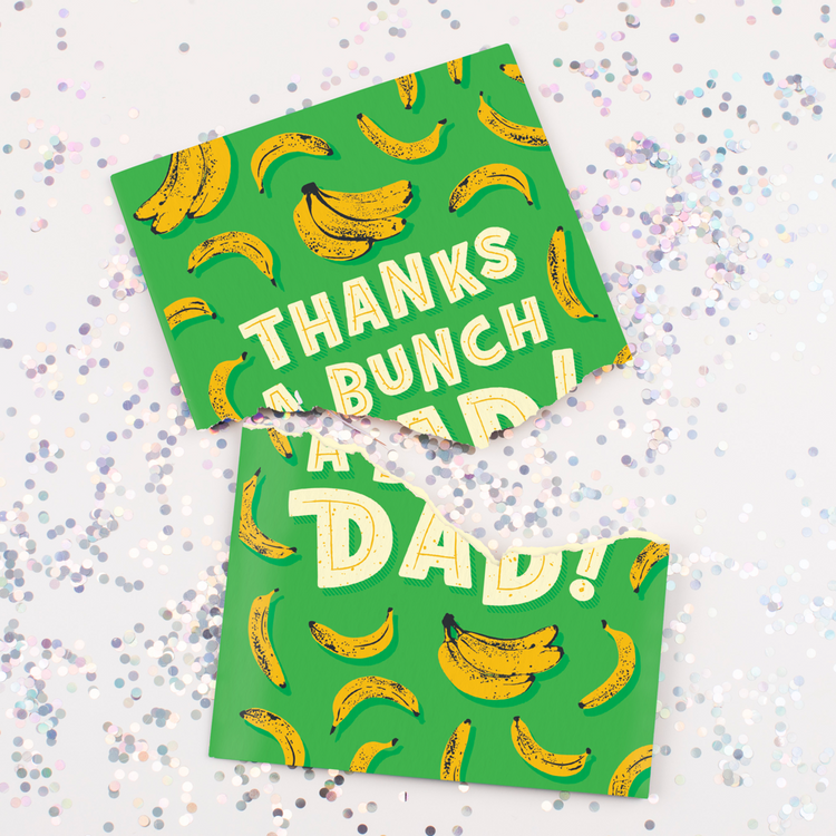 Endless musical dad card with glitter confetti - Thanks a Bunch Dad banana pattern design on green background, plays nonstop music