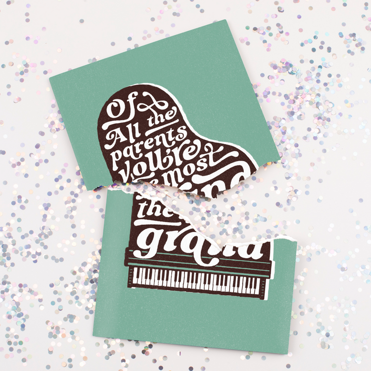 Endless musical grandparent thank you card with glitter confetti - Of All the Parents You're the Most Grand piano-shaped design that plays continuously