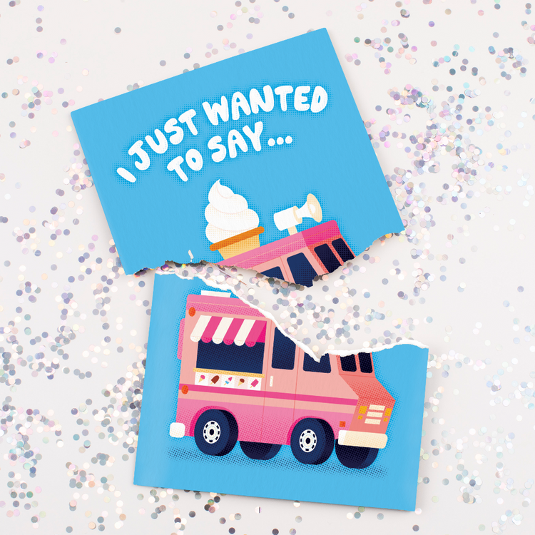 Torn ice cream musical greeting card surrounded by colorful confetti showing glitter surprise feature with ice cream truck design