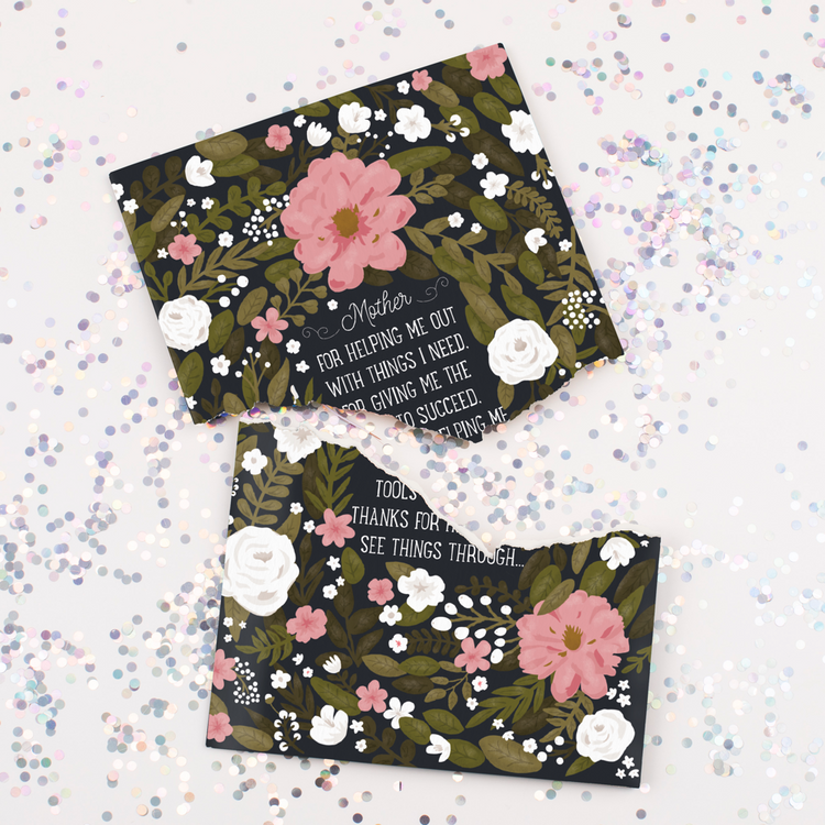Closed Mother's Day thank you card ripped with glitter all around